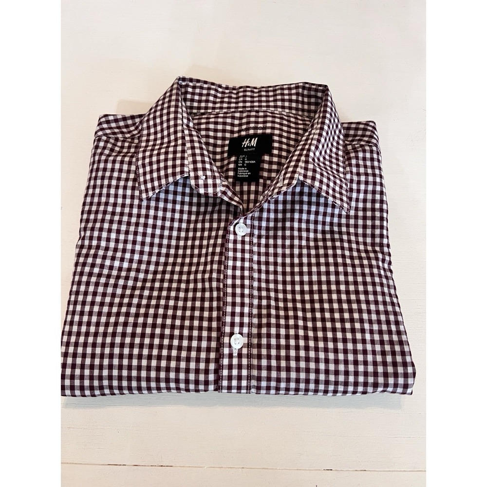 HM Slim Fit Easy Iron Mens Burgundy Gingham Long Sleeve Button Up‎ Shirt L